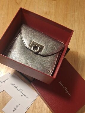 Salvatore Ferragamo Metallic Pewter Leather Card Wallet